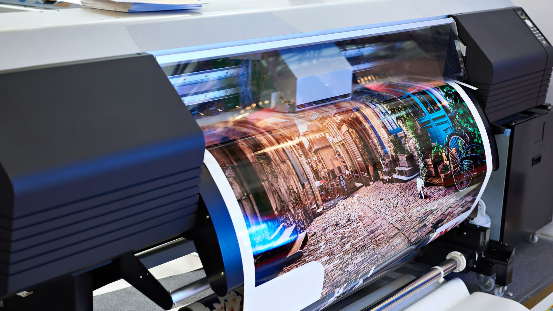 Roland large format printer on a print run